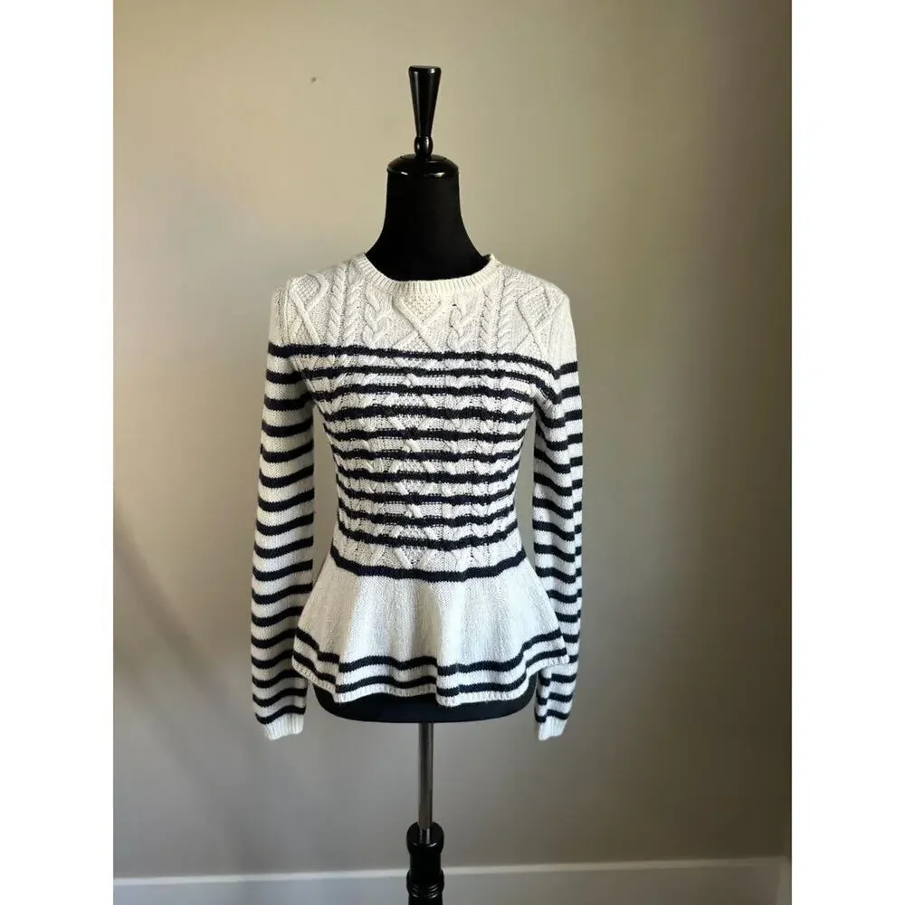 MASSIMO DUTTI Striped Cable Knit Peplum Sweater in White Size M
